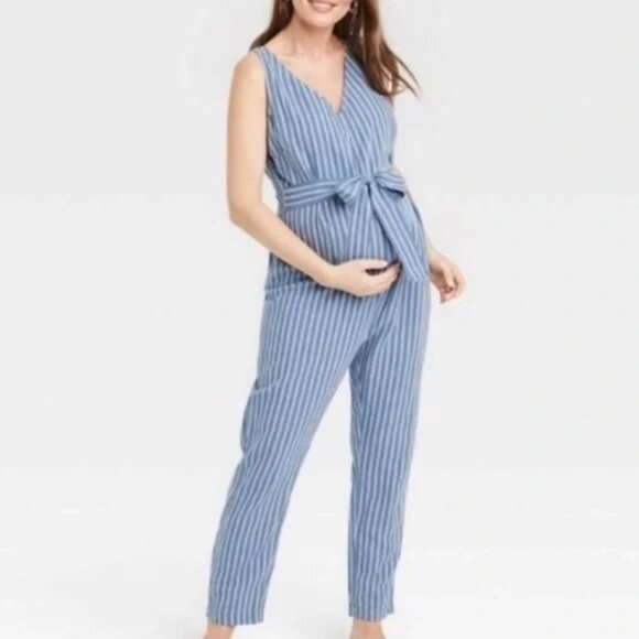 NEW The Nines by HATCH Sleeveless Tie Maternity Jumpsuit Navy Blue Striped XS - Picture 1 of 7